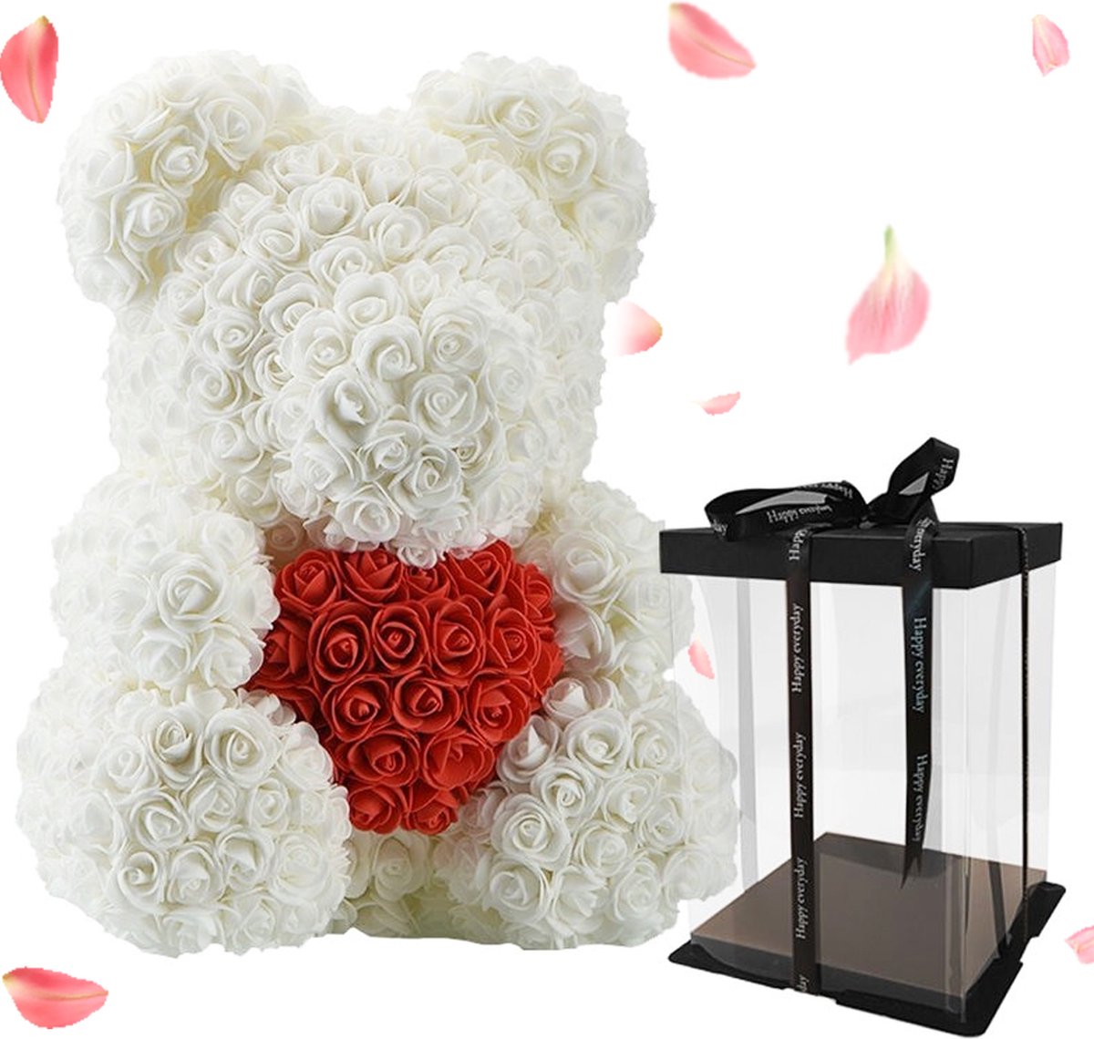 Rozenbeer Wit met Rood Hart + Luxury Giftbox 30 cm - Rozen beer Valentijn teddybeer rose bear cadeau gift box geliefde vriendin | knuffel roos beertje Valentijnsdag kado knuffelbeer hartje i love you ik hou van jou hartjes